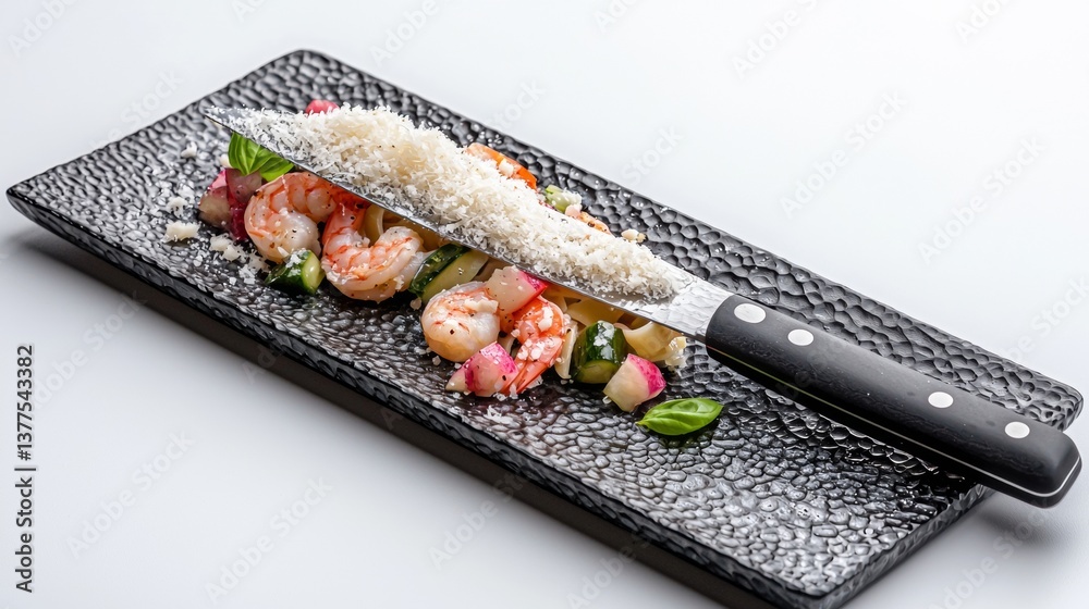 Delicious shrimp salad garnished with grated cheese served on a stylish black plate Delicious shrimp salad garnished with grated cheese served on a stylish black plate