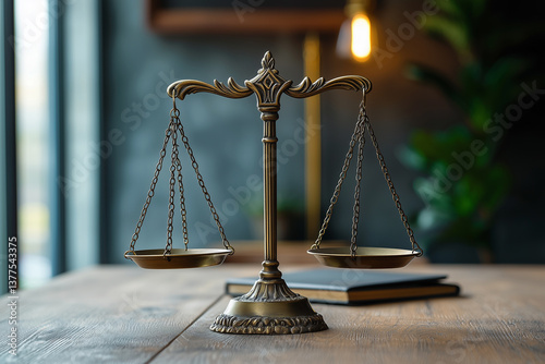 Weight scale of justice, lawyer in background. justice law lawyer attorney scale weight court authority concept 