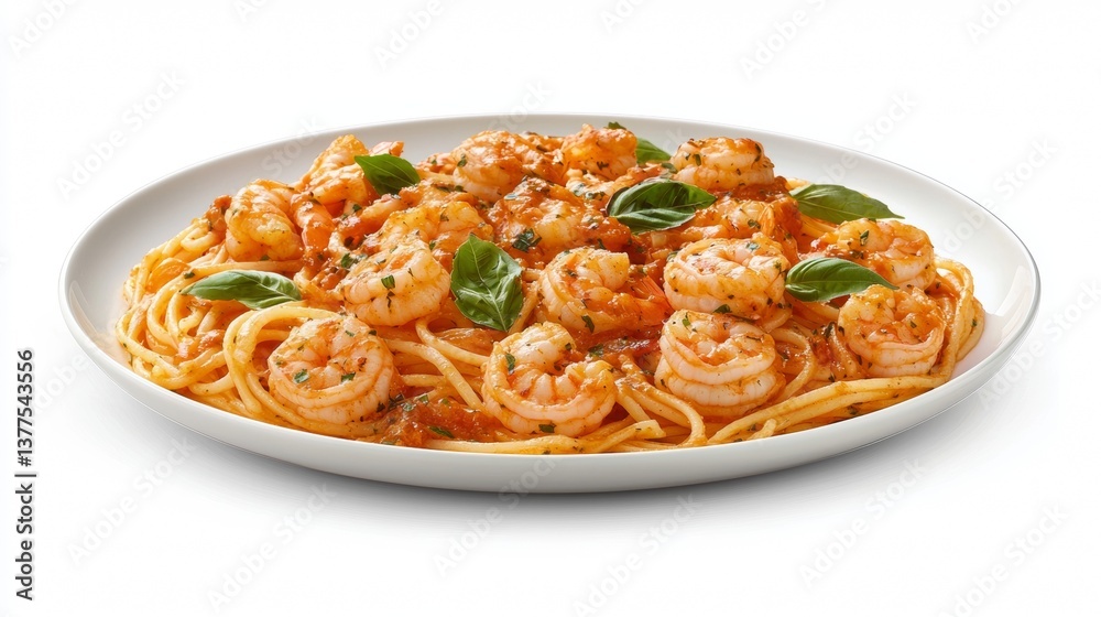 Delicious shrimp pasta served in a white bowl with fresh basil on a clean white background Delicious shrimp pasta served in a white bowl with fresh basil on a clean white background
