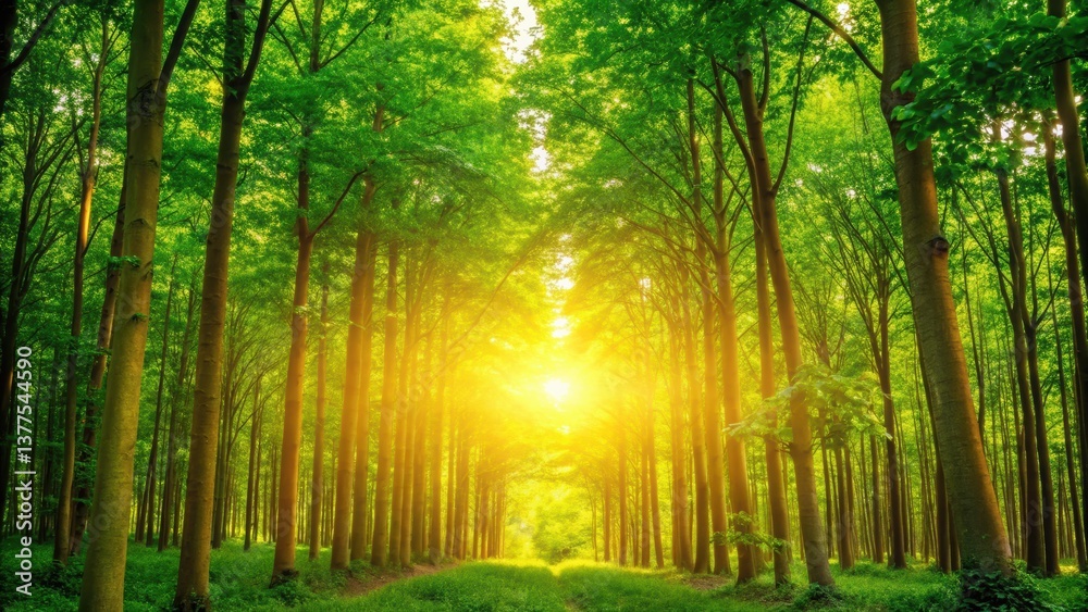 Obraz premium Lush green forest with sunlight filtering through the trees creating a serene and natural atmosphere