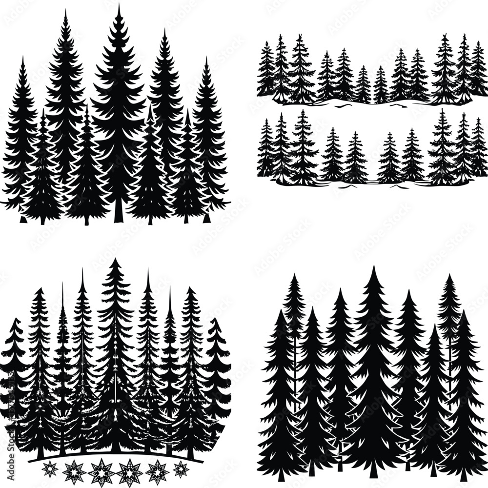 Obraz premium Evergreen Silhouette: Four artful representations of evergreen trees, each with a distinct design, offering a graphic, silhouette aesthetic.Pine tree silhouettes. Evergreen forest firs and spruces bla