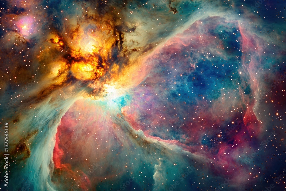A vibrant and detailed image showing the cosmic beauty of a nebula with bright stars and colorful gas clouds. A vibrant and detailed image showing the cosmic beauty of a nebula with bright stars and colorful gas clouds.