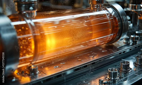 A detailed shot of a glowing, enclosed, scientific device with bright internal particles.