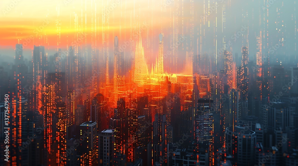 Fototapeta premium Futuristic Cityscape at Sunset Digital Art A Vibrant Metropolis with Glowing Towers and Data Streams
