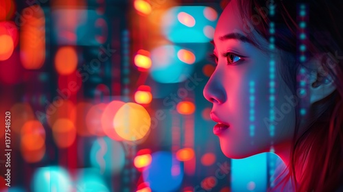 Young Woman's Profile Illuminated by Vibrant Neon Lights Cityscape Background