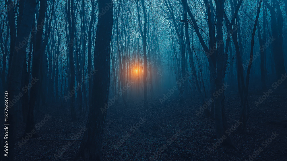 Naklejka premium The evening misty spooky forest background with horror Halloween decorated conceptual.Spooky Halloween misty foggy forest.Happy Halloween creepy nature mist fantasy