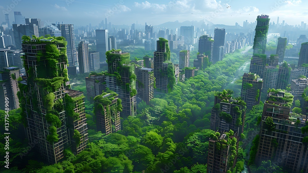 Obraz premium Nature Reclaiming the City Overgrown Skyscrapers and Lush Greenery