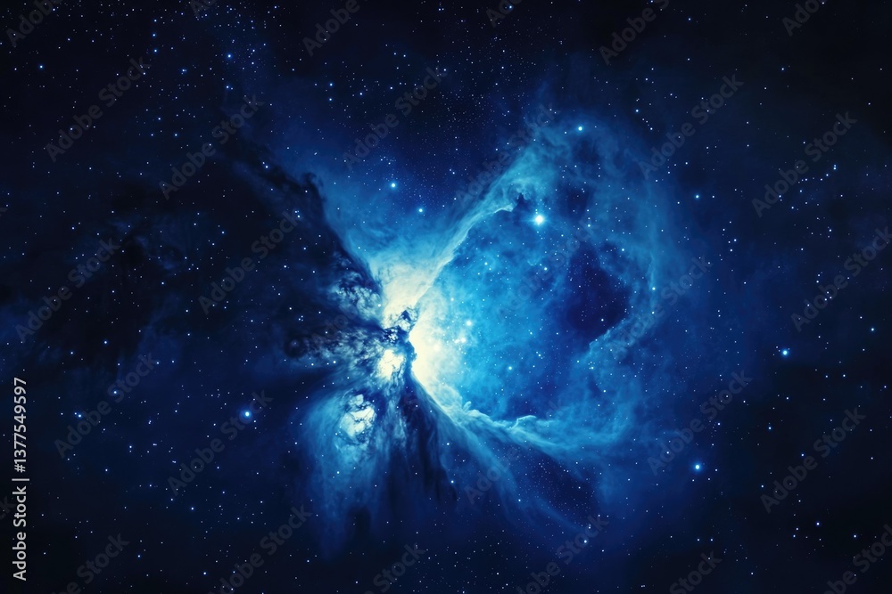 Naklejka premium A stunning blue nebula illuminates the vast expanse of space, sparkling with countless stars and swirling cosmic dust.