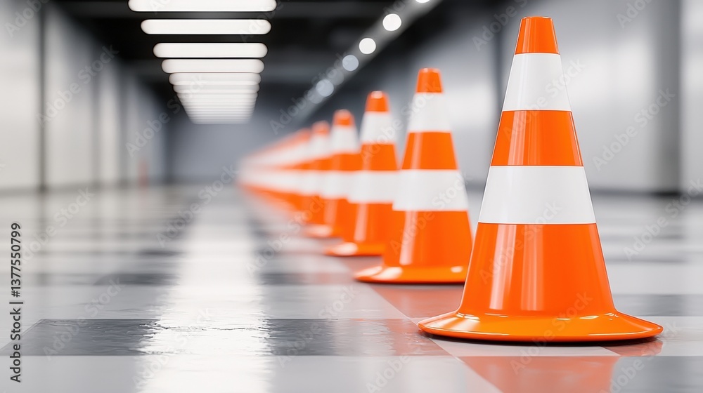 A row of orange traffic cones on a black and white tiled floor, illuminated by overhead lights, creating a modern and organized visual effect. A row of orange traffic cones on a black and white tiled floor, illuminated by overhead lights, creating a modern and organized visual effect.