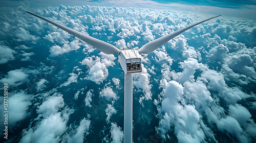 White wind turbine against a blue sky, close-up cinematographic shot, symbolizing clean energy and environmental sustainability.

