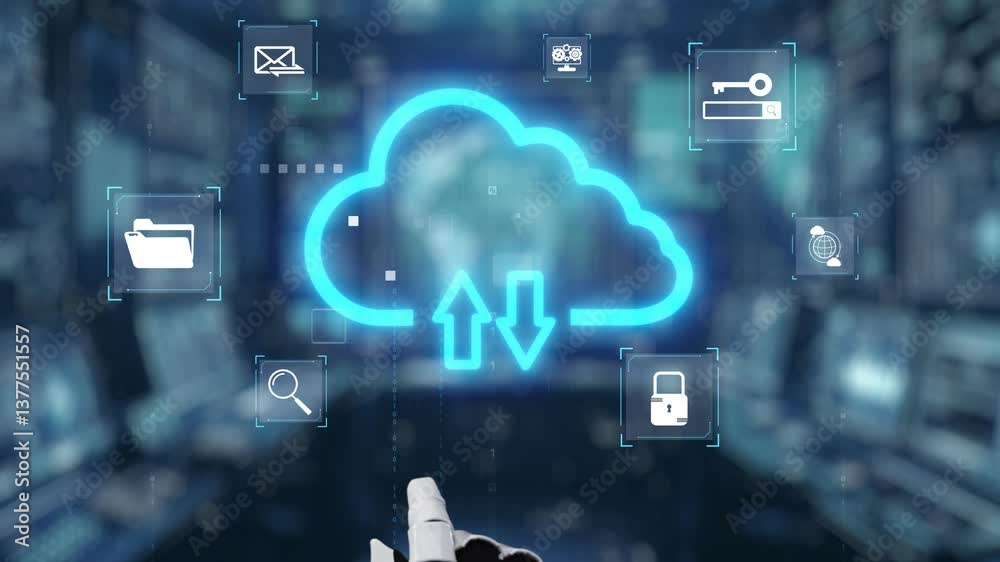 A robotic hand points toward glowing cloud technology icons, representing digital storage, artificial intelligence, and communication in a futuristic environment. Auvana A robotic hand points toward glowing cloud technology icons, representing digital storage, artificial intelligence, and communication in a futuristic environment. Auvana