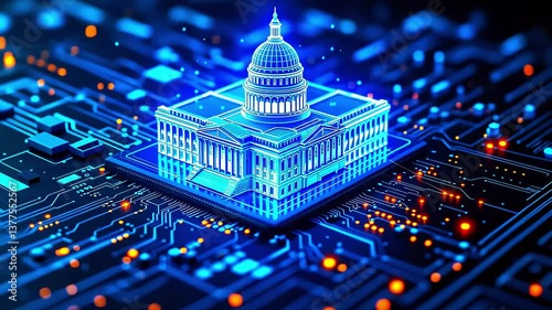 Futuristic digital representation of a government building on a circuit board, symbolizing technology and governance
