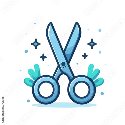 Blue cartoon scissors with decorative stars around them. Ideal for craft tutorials, DIY project materials, and creative workshop promotional content.