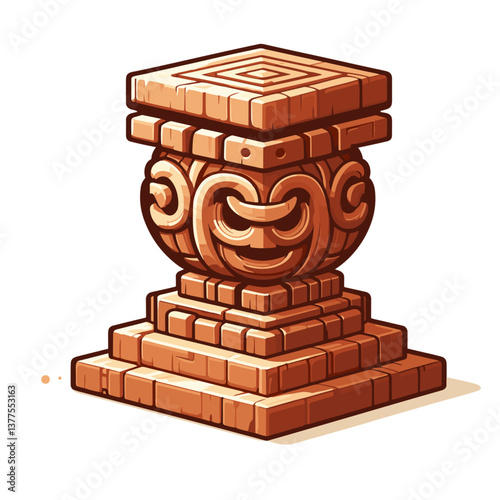 Decorative wooden pedestal with carved face in Mayan style. Ideal for cultural exhibitions, history illustrations, and archaeological themed content.