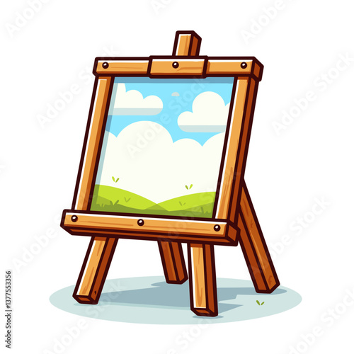 Vector wooden easel with landscape painting in bright colors. Perfect for art class advertisements, creative workshop promotions and artistic hobby illustrations.