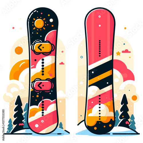 Vector snowboards in vibrant colors against mountain landscape background. Perfect for winter sports events, ski resort advertising and extreme sports promotions.
