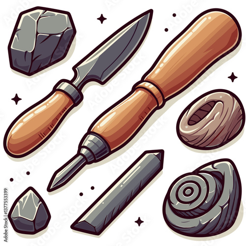 Vector archaeology tools collection with stone samples in brown and gray tones. Ideal for archaeological exhibitions, historical research and educational materials.