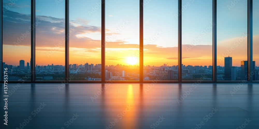 Fototapeta premium A stunning sunset view from a modern building's large windows, showcasing a vibrant sky and urban skyline, Corporate Social Responsibility, CSR.