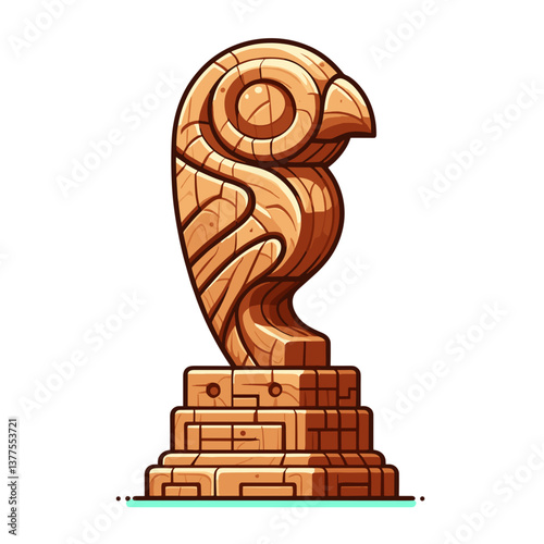 Wooden chess knight piece on pedestal, carved brown style. Ideal for strategy games, chess tournaments or intellectual competition illustrations.
