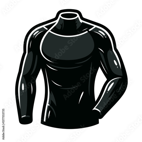 Vector illustration of black wetsuit top with turtleneck. Perfect for water sports graphics or outdoor recreation branding.