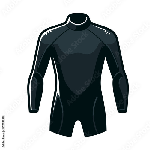 Vector illustration of black wetsuit in modern minimalist style. Perfect for water sports equipment catalogs or diving school branding.