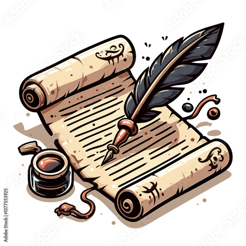 Vector illustration of parchment manuscript with quill pen and ink pot. Perfect for literary themes or historical education materials.