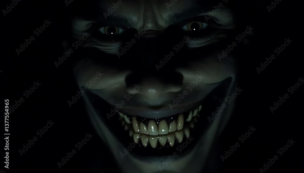 Naklejka premium Creepy Smiling Face Emerging From Darkness with Intense Gaze