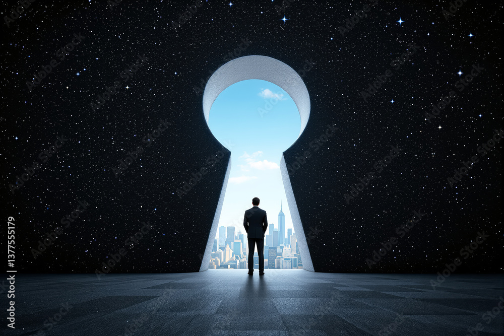 Obraz premium Businessman standing in front of giant keyhole-shaped portal revealing city skyline, surreal graphic style, cosmic starry background, concept of opportunity. Ai generative
