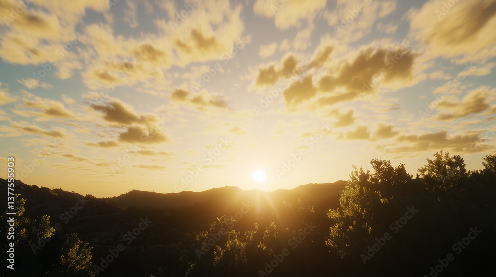 Fototapeta premium Sunset over mountains with cloudy sky 