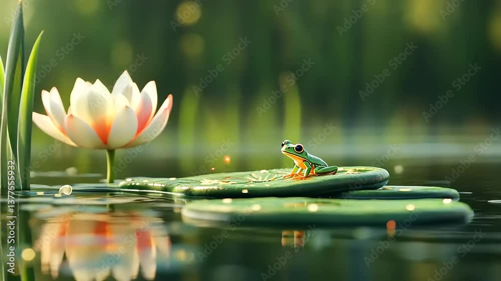 A vibrant green frog perched on a lily pad beside a blooming lotus flower in a serene pond