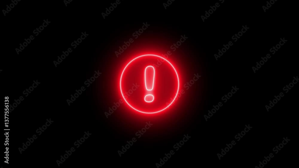 Glowing caution signal looping on black background. red neon attention sign on circle blinking animation. Glowing caution signal looping on black background. red neon attention sign on circle blinking animation.