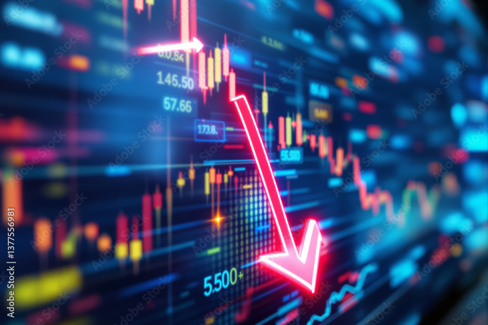 Financial chart with red arrow pointing downwards, futuristic digital style, blue background, concept of economic crisis and market crash, Ai generative Financial chart with red arrow pointing downwards, futuristic digital style, blue background, concept of economic crisis and market crash, Ai generative