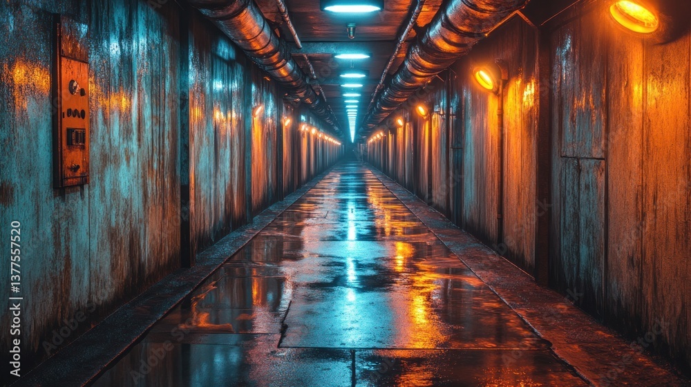 Fototapeta premium Wet industrial corridor, glowing lights, background pipes, film noir