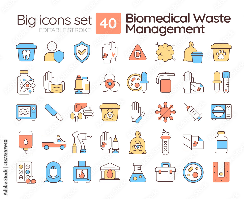 Biomedical waste management line color icons set. Infectious, disease. Disinfection methods. Laboratory equipment. Vector illustrations. Simple flat colorful symbols collection. Editable stroke Biomedical waste management line color icons set. Infectious, disease. Disinfection methods. Laboratory equipment. Vector illustrations. Simple flat colorful symbols collection. Editable stroke