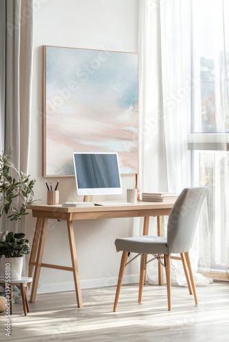 A subtle pastel abstract wall painting with soft pinks and blues frame in living room