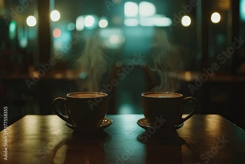 Two steaming mugs of coffee on a wooden table in a dimly lit cafe photo