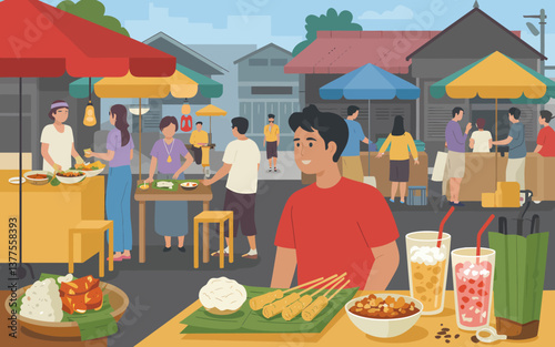Vibrant street food scene illustration with diverse dishes, bustling market, and happy customers, perfect for travel, culinary, and lifestyle content