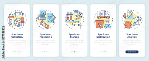 Specimen lifecycle onboarding mobile app screen. Biobanks research. Walkthrough 5 steps editable graphic instructions with linear concepts. UI, UX, GUI. Montserrat SemiBold, Regular fonts used