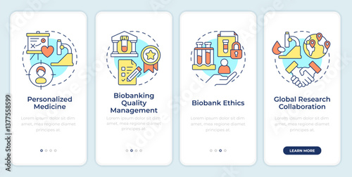 Benefits of biobanking onboarding mobile app screen. Medical research. Walkthrough 4 steps editable graphic instructions with linear concepts. UI, UX, GUI. Montserrat SemiBold, Regular fonts used