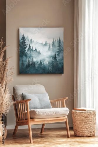 A tranquil watercolor painting of a misty forest frame in living room