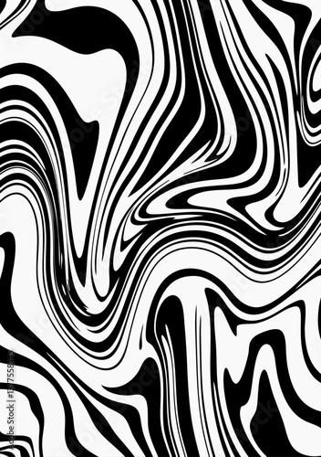Black wavy lines abstract background. Trendy psychedelic retro style banner.  Waves, swirl and twirl pattern.