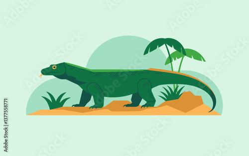 Green Komodo Dragon Illustration with Tropical Backdrop, Minimalist Reptile Design for Education and Nature Projects
