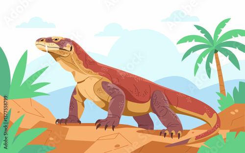 Komodo Dragon Illustration in a Tropical Landscape: Scaled Reptile on the Prowl, Wildlife Art
