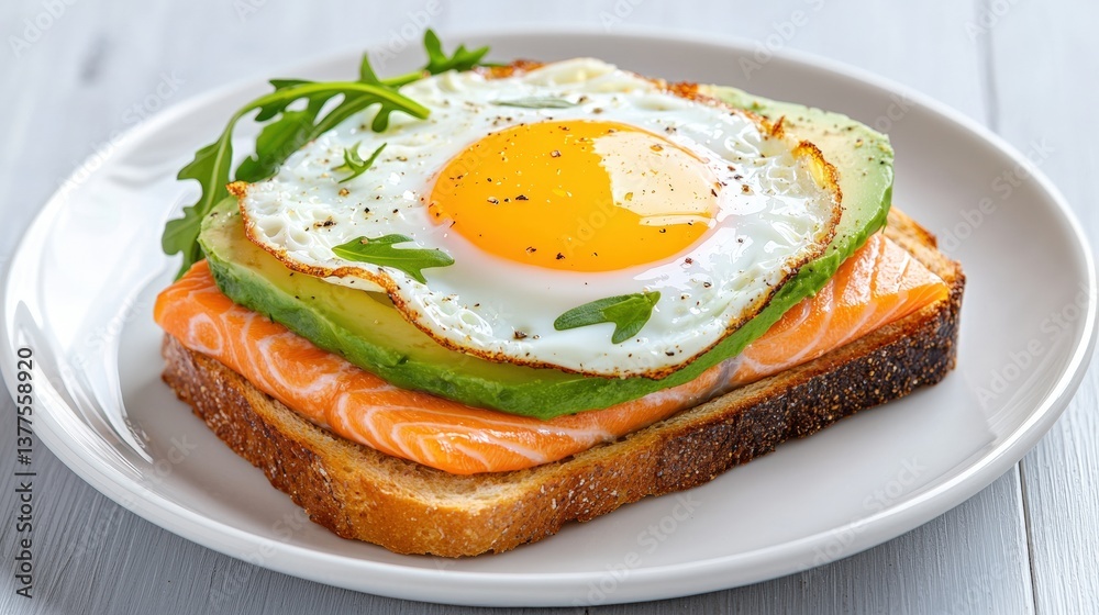 A delicious open-faced sandwich featuring smoked salmon, avocado, a fried egg, and fresh arugula on whole grain bread, served on a white plate. A delicious open-faced sandwich featuring smoked salmon, avocado, a fried egg, and fresh arugula on whole grain bread, served on a white plate.