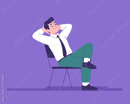 Relaxed Office Worker: Man Reclining in Chair, Enjoying Calm Moment at Workplace, Minimalist Design