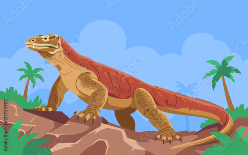 Cartoon Komodo Dragon Walking on Rocks with Tropical Background Illustration - Wildlife Vector Art