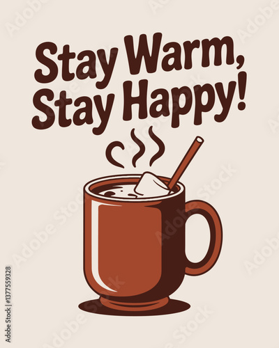 Cozy Mug with Marshmallow: Stay Warm, Stay Happy Cartoon Illustration for Winter Greetings