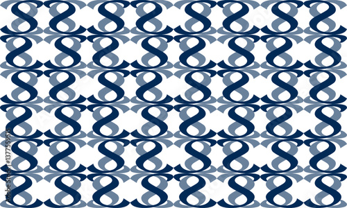 blue drawing louis block S curve as repeat pattern on white background, vector, replete pattern image designed for fabric printing grid block
