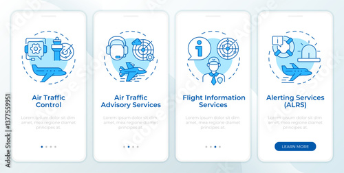 Flight services blue onboarding mobile app screen. Air traffic. Walkthrough 4 steps editable graphic instructions with linear concepts. UI, UX, GUI. Montserrat SemiBold, Regular fonts used