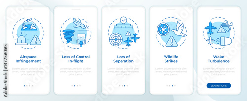 Aviation incidents blue onboarding mobile app screen. Wildlife, turbulence. Walkthrough 5 steps editable graphic instructions with linear concepts. UI, UX, GUI. Montserrat SemiBold, Regular fonts used